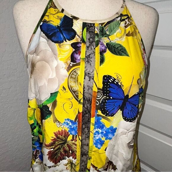 Roberto Cavalli Yellow Printed Silk Lace Detail Halter Floral Mix Print Top - Picture 2 of 15
